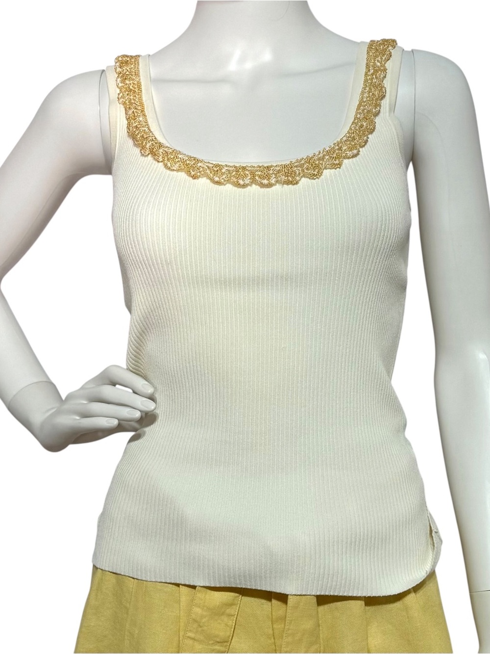 Cache Cream Ribbed Tank with Gold Trim | Size S - Picture 3 of 7